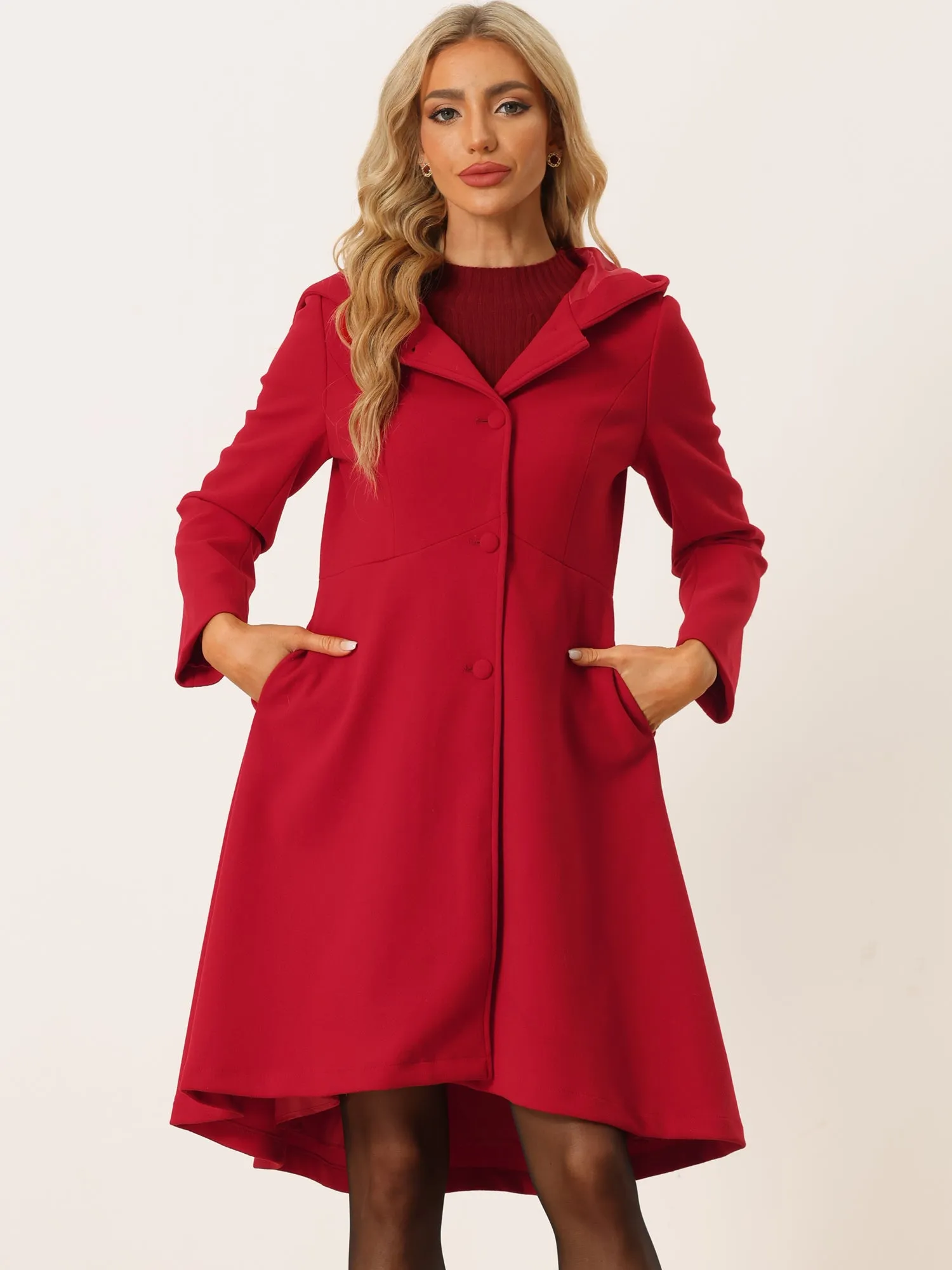 Winter Overcoat Solid Color Hooded Button Pockets Midi Long Coat sold by Allegra K product image thumbnail 2