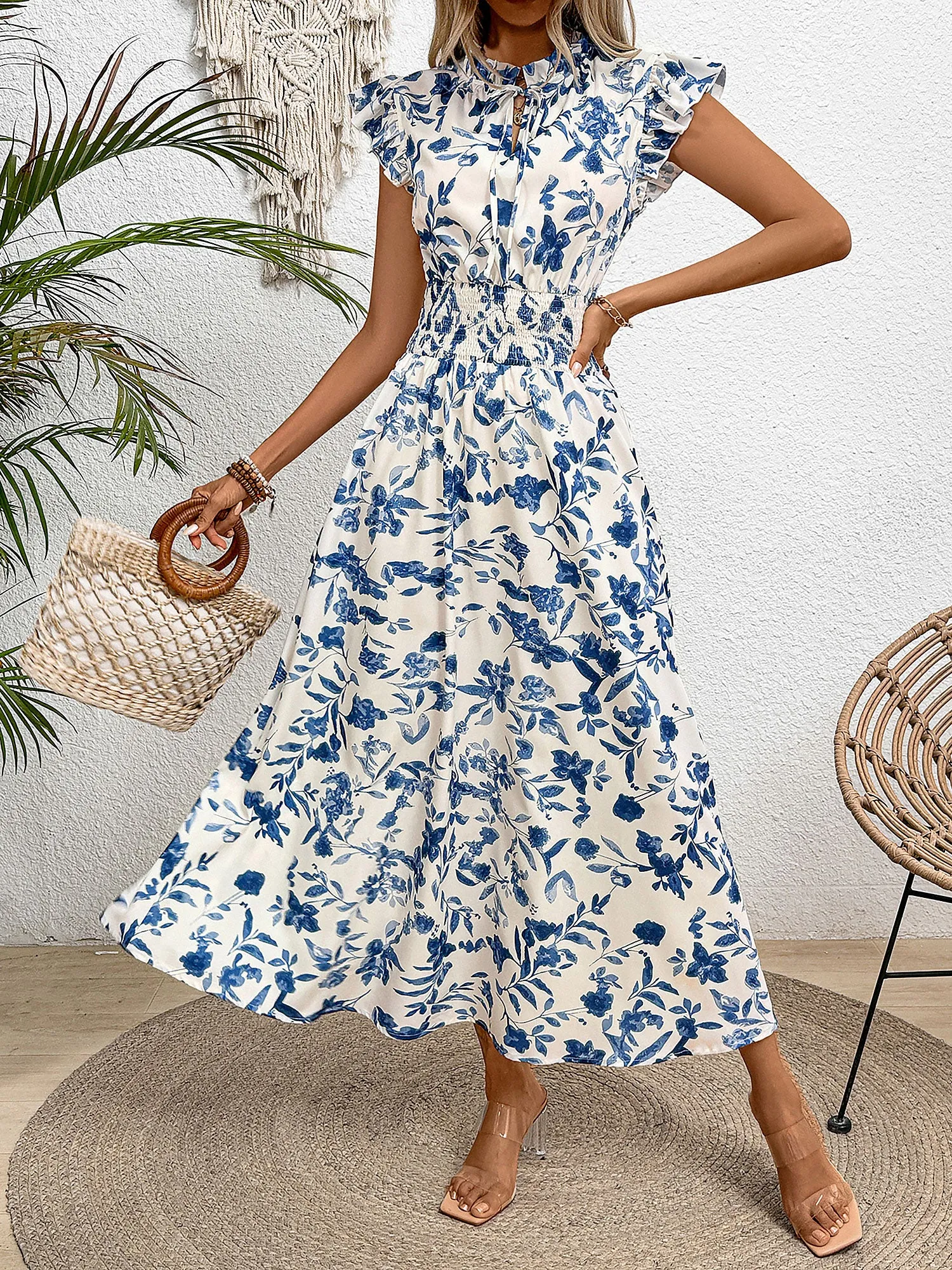 Ruffled Cap Sleeves Floral Smocked Waist A-Line Maxi Dress sold by Allegra K product image thumbnail 4