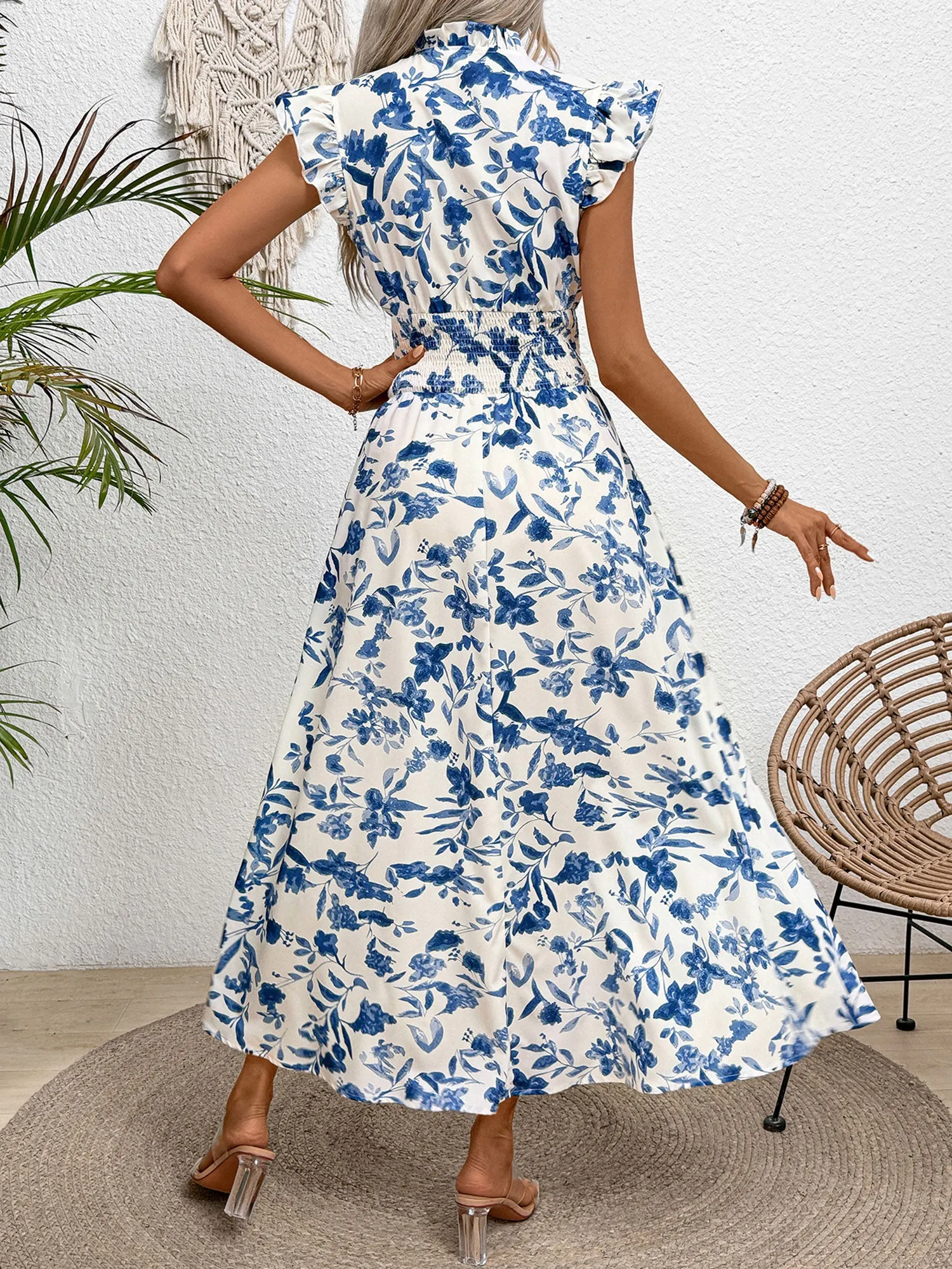 Ruffled Cap Sleeves Floral Smocked Waist A-Line Maxi Dress sold by Allegra K product image thumbnail 2
