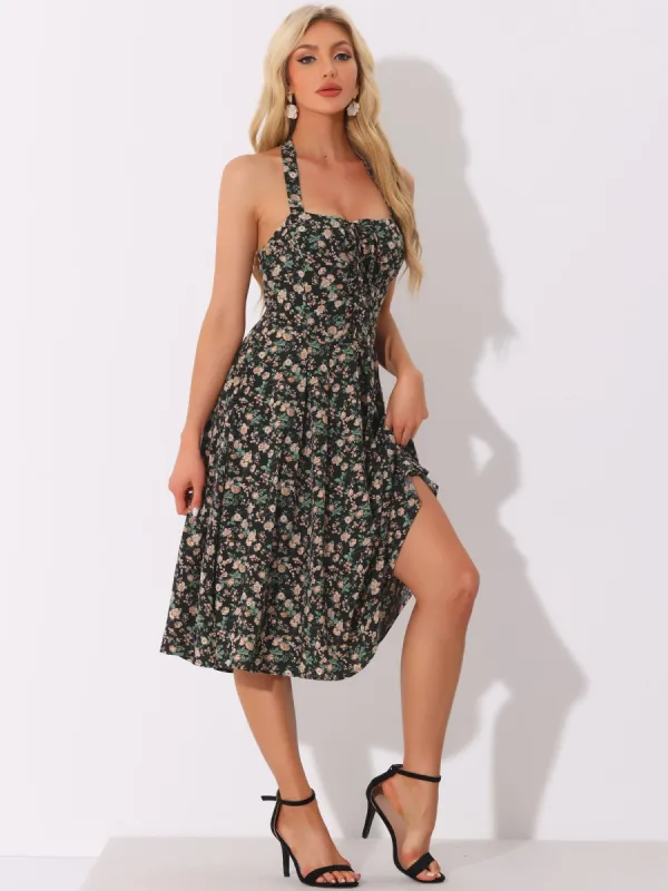 Halter Neck Floral Summer Sundress Sleeveless Lace Up Midi Dress sold by Allegra K