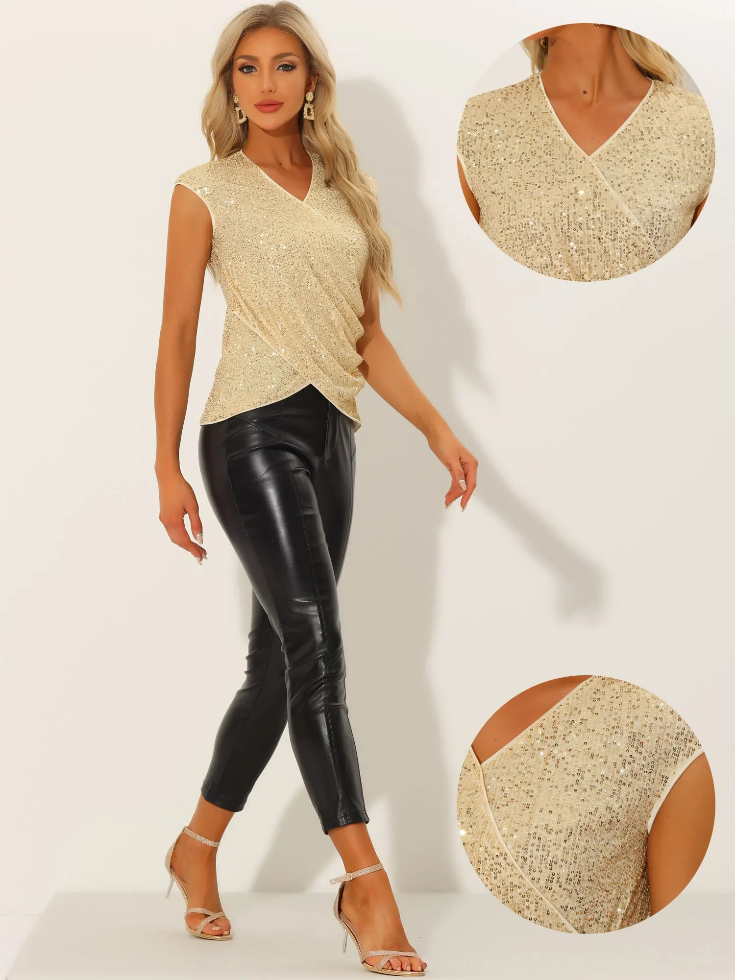 Sparkle Glitter V Neck Cap Sleeve Sequin Party Club Blouse Tops sold by Allegra K product image thumbnail 2