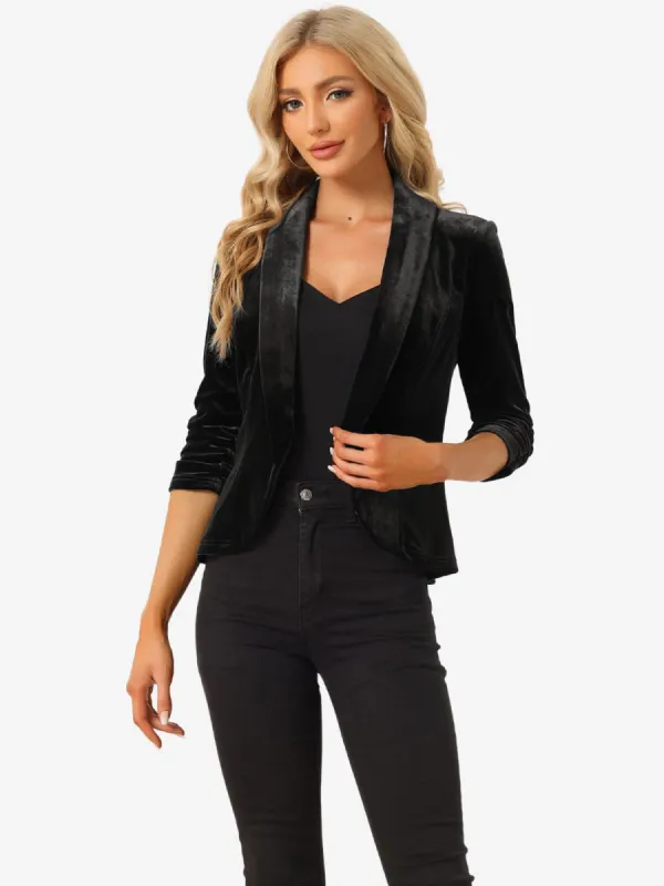 Lapel Collar Velvet Solid Office Work Open Front Blazer sold by Allegra K