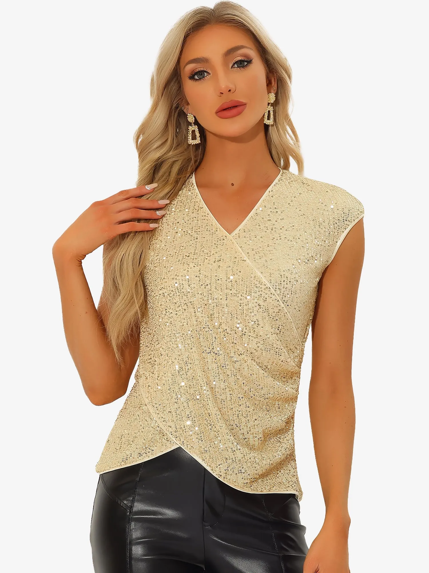 Sparkle Glitter V Neck Cap Sleeve Sequin Party Club Blouse Tops sold by Allegra K