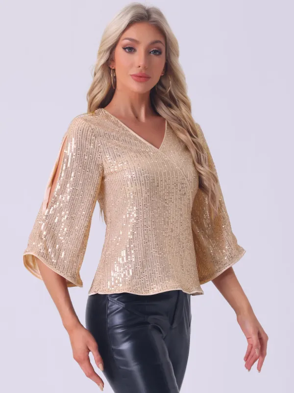 Sequin Cut-Out 3/4 Sleeve V Neck Sparkly Blouse sold by Allegra K