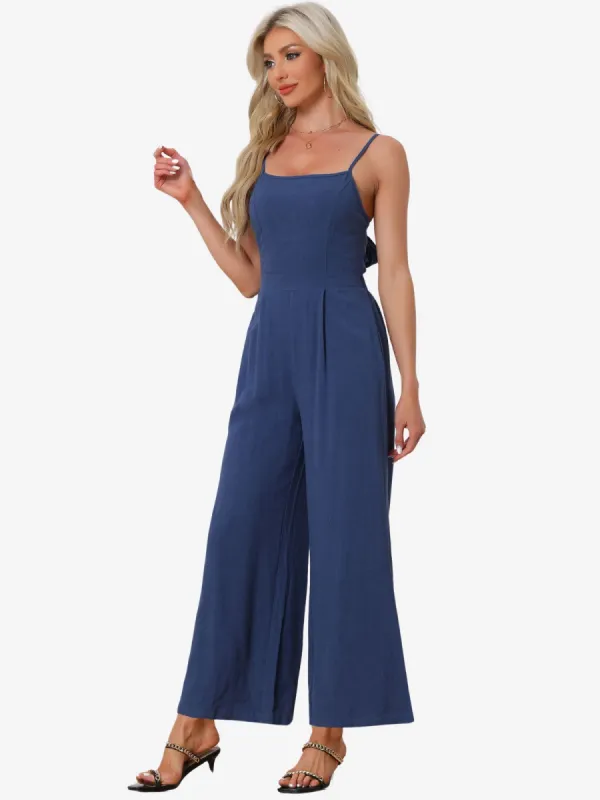 Linen Sleeveless Spaghetti Strap Backless Wide Legs Jumpsuits sold by Allegra K