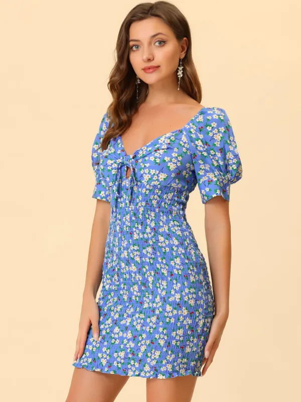Puff Sleeve Sweetheart Neck Floral Smocked Bodycon Dress sold by Allegra K