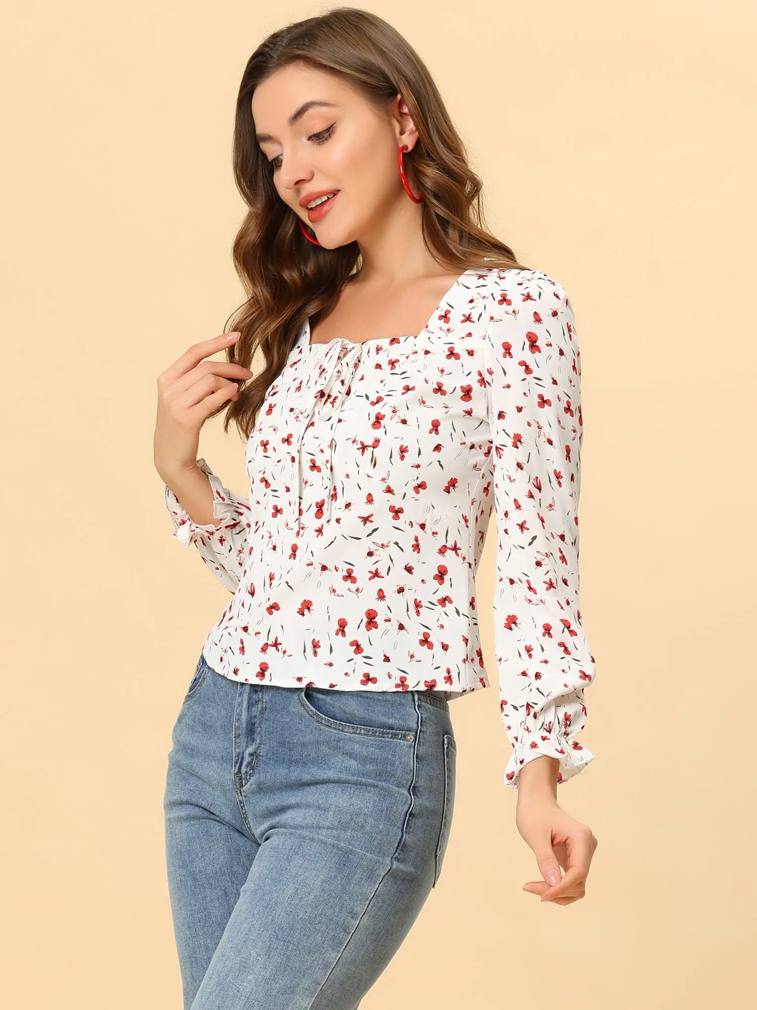 Floral Square Neck Long Sleeve Print Peasant Blouse Top sold by Allegra K product image thumbnail 3