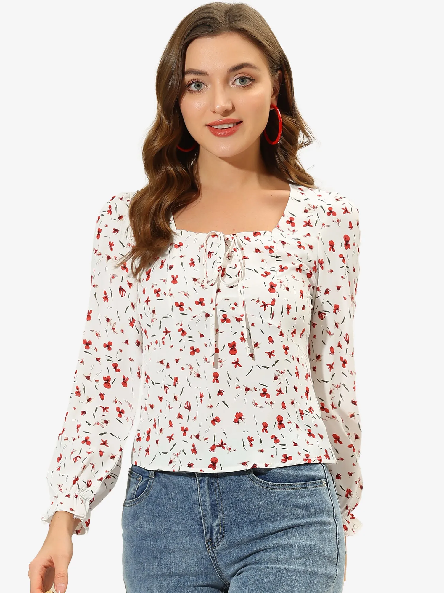Floral Square Neck Long Sleeve Print Peasant Blouse Top sold by Allegra K
