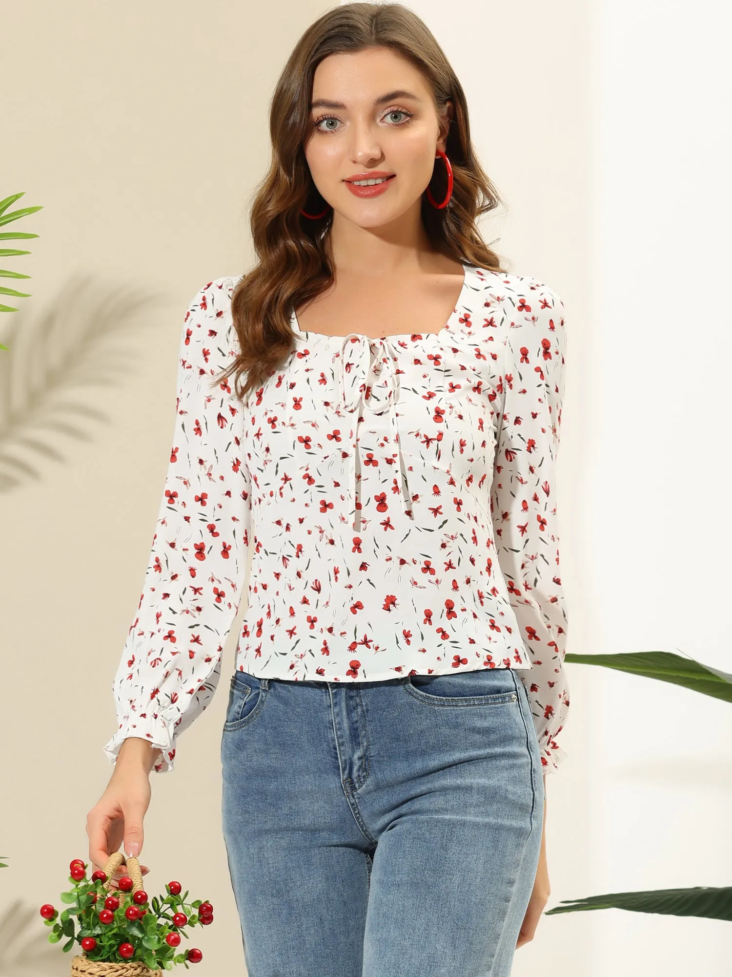 Floral Square Neck Long Sleeve Print Peasant Blouse Top sold by Allegra K product image thumbnail 2
