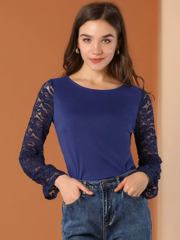 Lace Long Sleeve Top Knit Ruffle Cuff Blouse sold by Allegra K