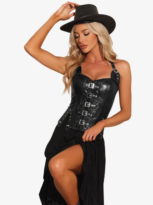 PU Leather Bustier Halter Shoulder Strap Corset Top sold by Allegra K