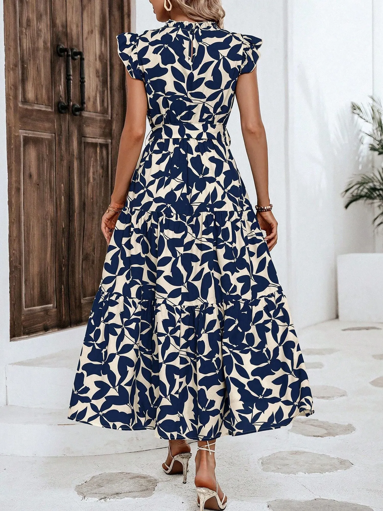Flattering A-Line Ruffled Cap Sleeves Belted Floral Tiered for Garden Parties & Brunch Dates Maxi Dress sold by Allegra K product image thumbnail 2
