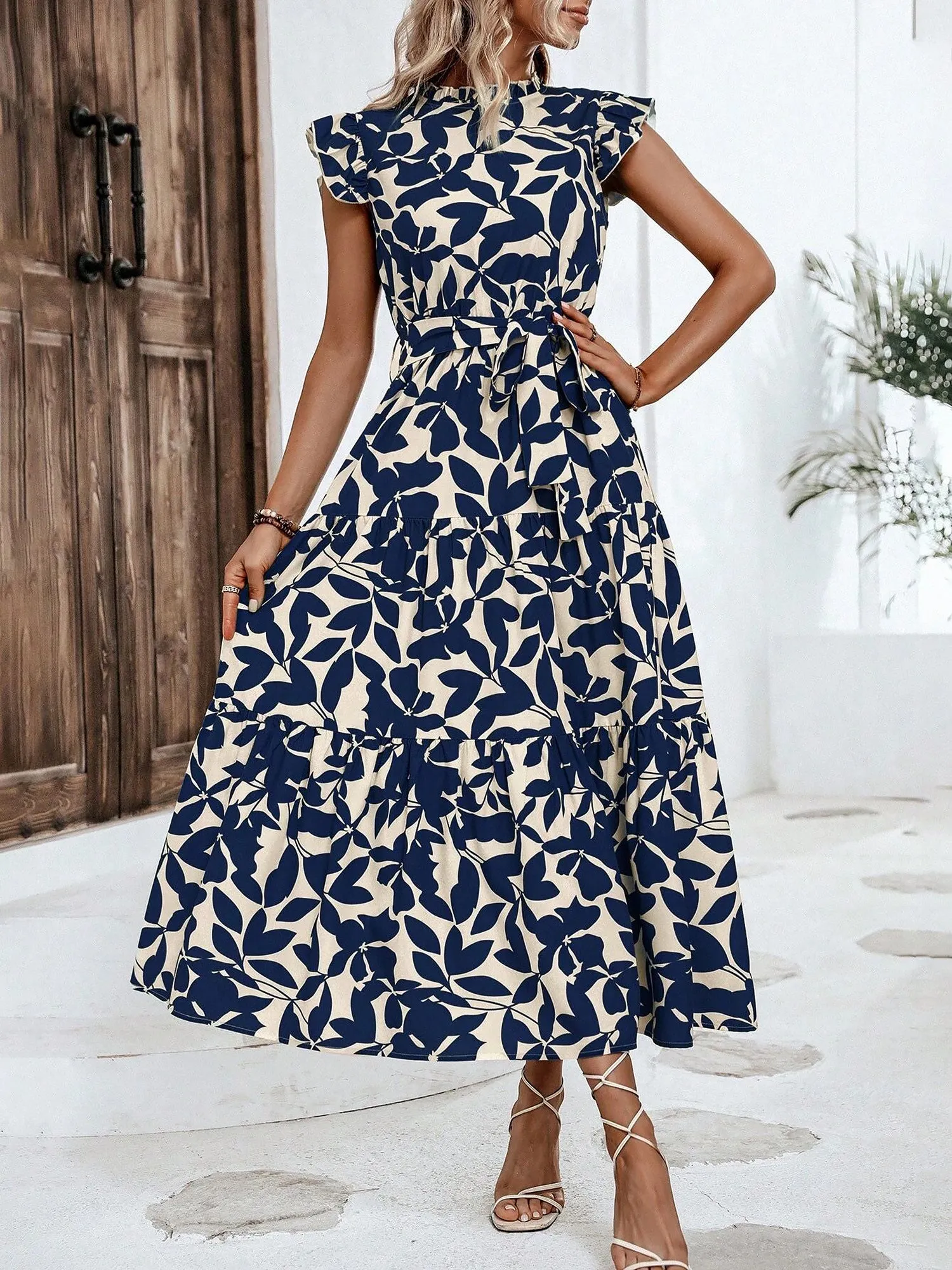 Flattering A-Line Ruffled Cap Sleeves Belted Floral Tiered for Garden Parties & Brunch Dates Maxi Dress sold by Allegra K product image thumbnail 4