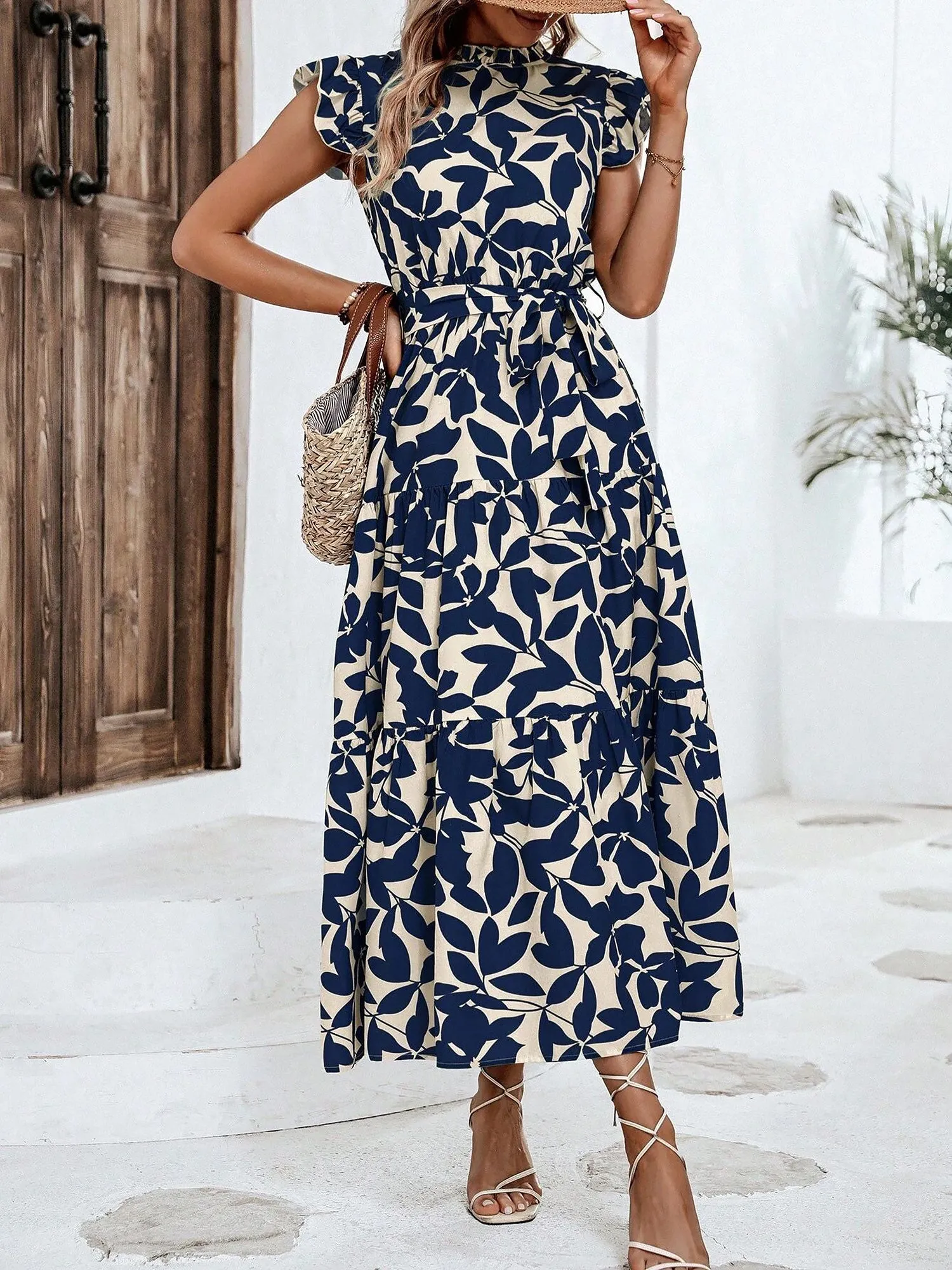 Flattering A-Line Ruffled Cap Sleeves Belted Floral Tiered for Garden Parties & Brunch Dates Maxi Dress sold by Allegra K product image thumbnail 3