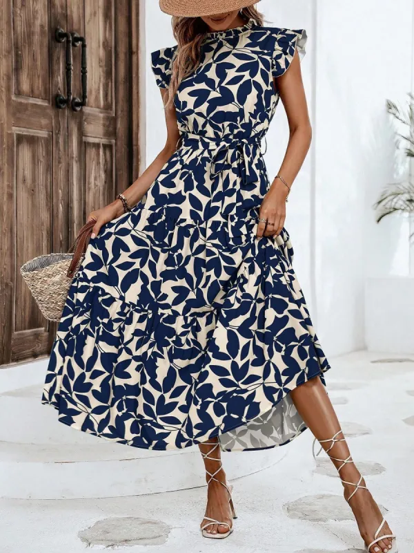 Flattering A-Line Ruffled Cap Sleeves Belted Floral Tiered for Garden Parties & Brunch Dates Maxi Dress sold by Allegra K