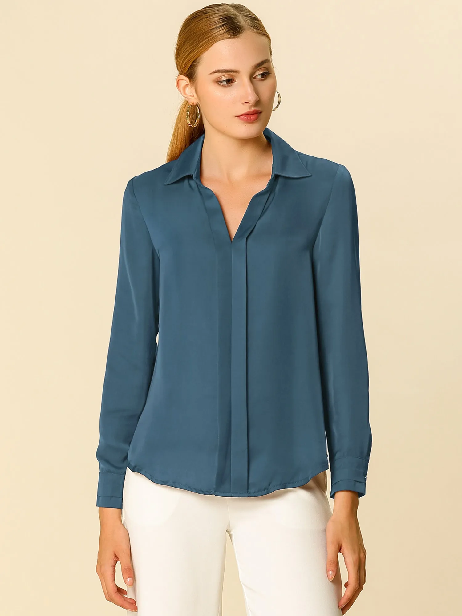 Satin V Neck Long Sleeve Silky Office Work Solid Shirt sold by Allegra K product image thumbnail 2