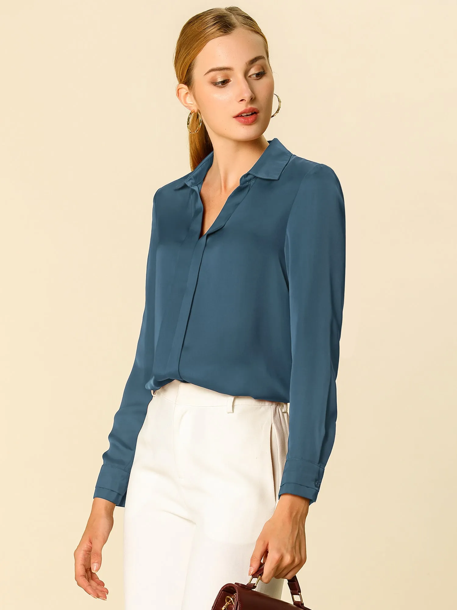 Satin V Neck Long Sleeve Silky Office Work Solid Shirt sold by Allegra K