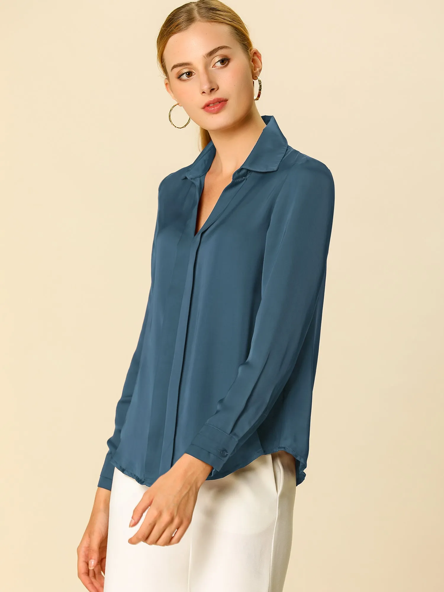 Satin V Neck Long Sleeve Silky Office Work Solid Shirt sold by Allegra K product image thumbnail 3