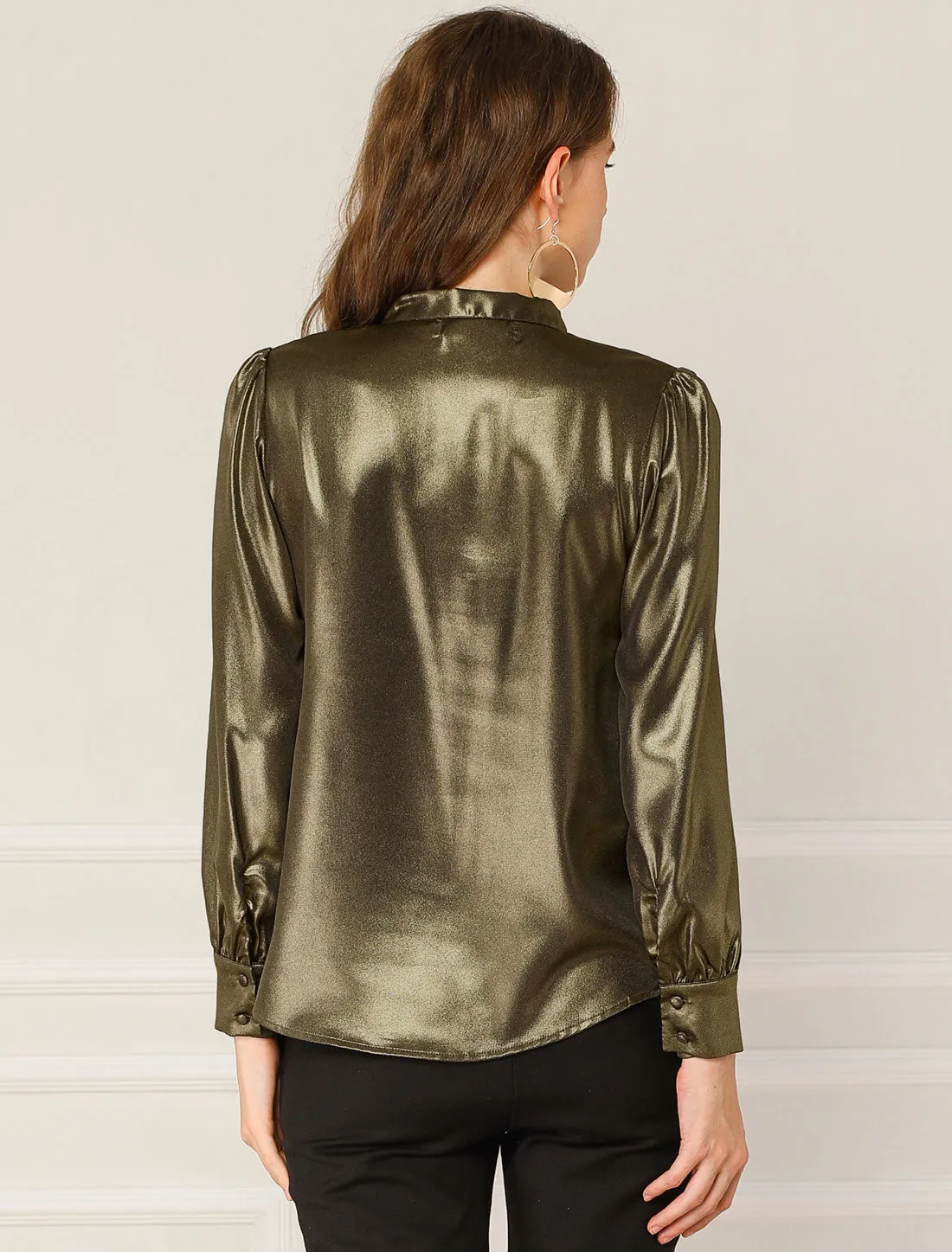 Sparkly Metallic Long Sleeve Glitter Tie Neck Blouse Top sold by Allegra K product image thumbnail 5