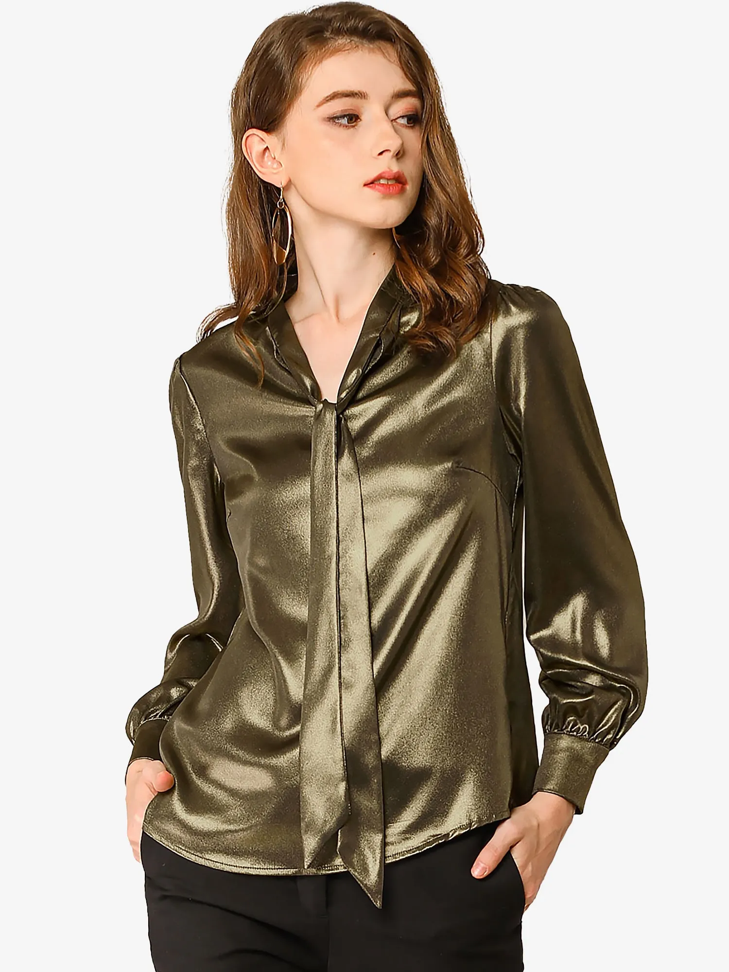 Sparkly Metallic Long Sleeve Glitter Tie Neck Blouse Top sold by Allegra K