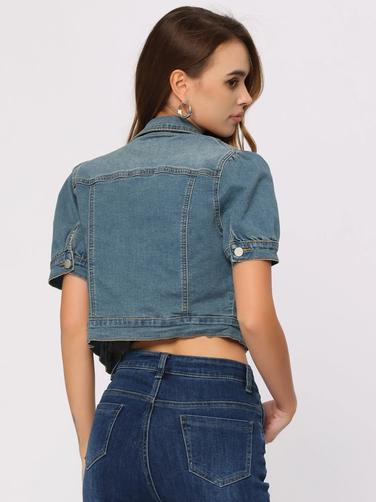 Casual Button-Down Puff Long Sleeve Crop Denim Jacket sold by Allegra K product image thumbnail 3