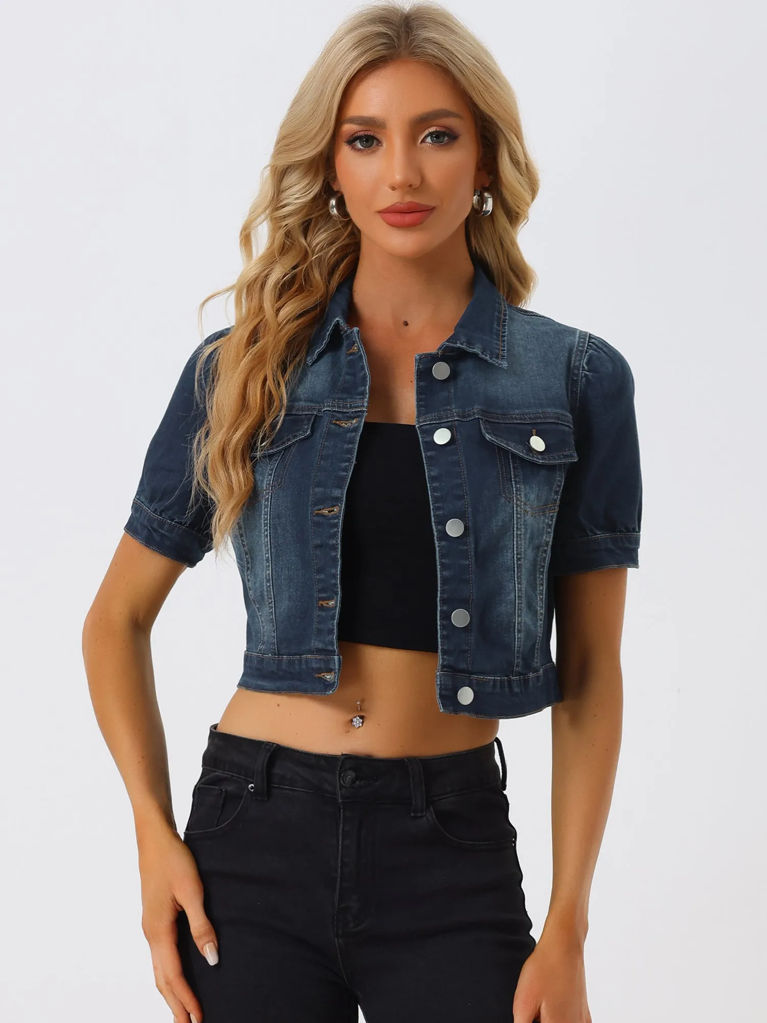 Casual Button-Down Puff Long Sleeve Crop Denim Jacket sold by Allegra K product image thumbnail 5