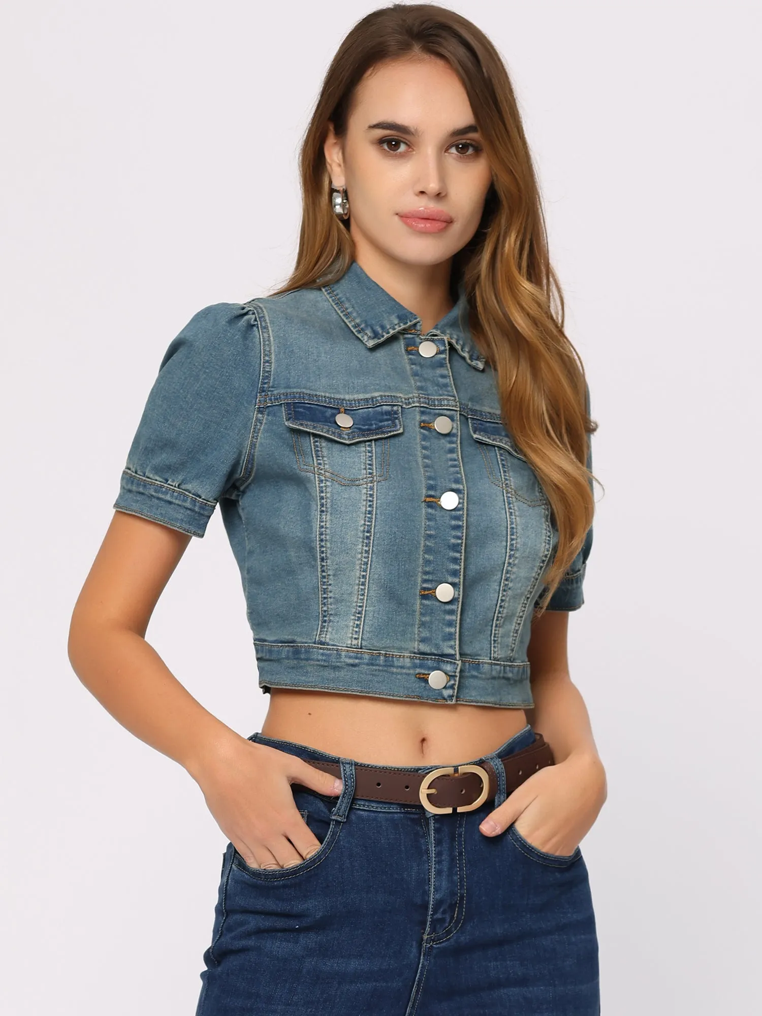 Casual Button-Down Puff Long Sleeve Crop Denim Jacket sold by Allegra K product image thumbnail 2