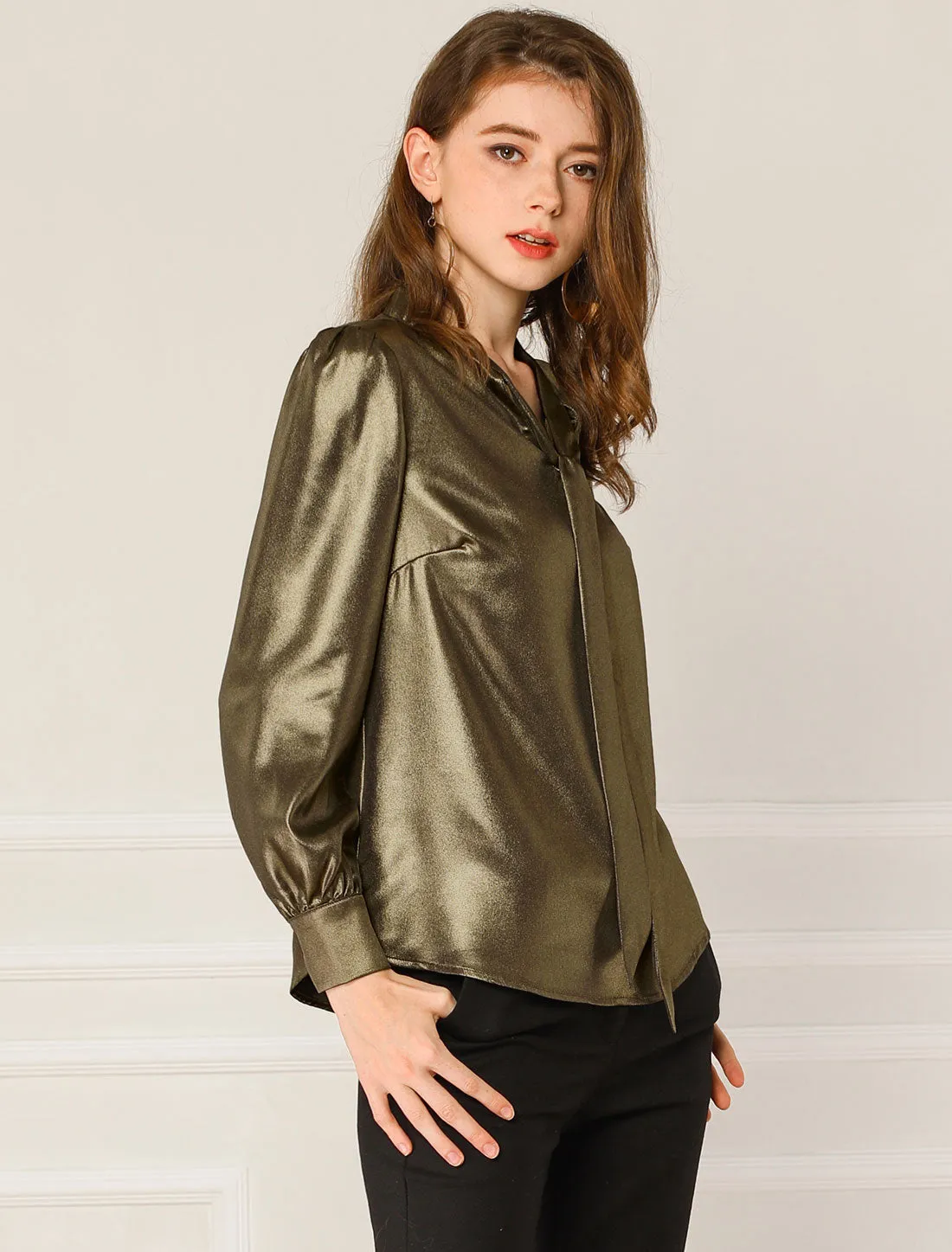 Sparkly Metallic Long Sleeve Glitter Tie Neck Blouse Top sold by Allegra K product image thumbnail 4