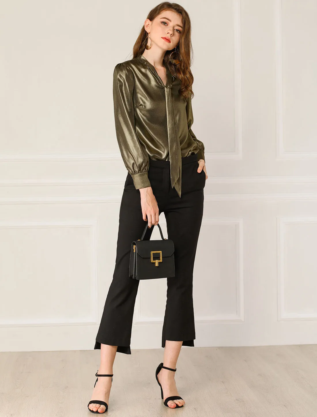 Sparkly Metallic Long Sleeve Glitter Tie Neck Blouse Top sold by Allegra K product image thumbnail 3