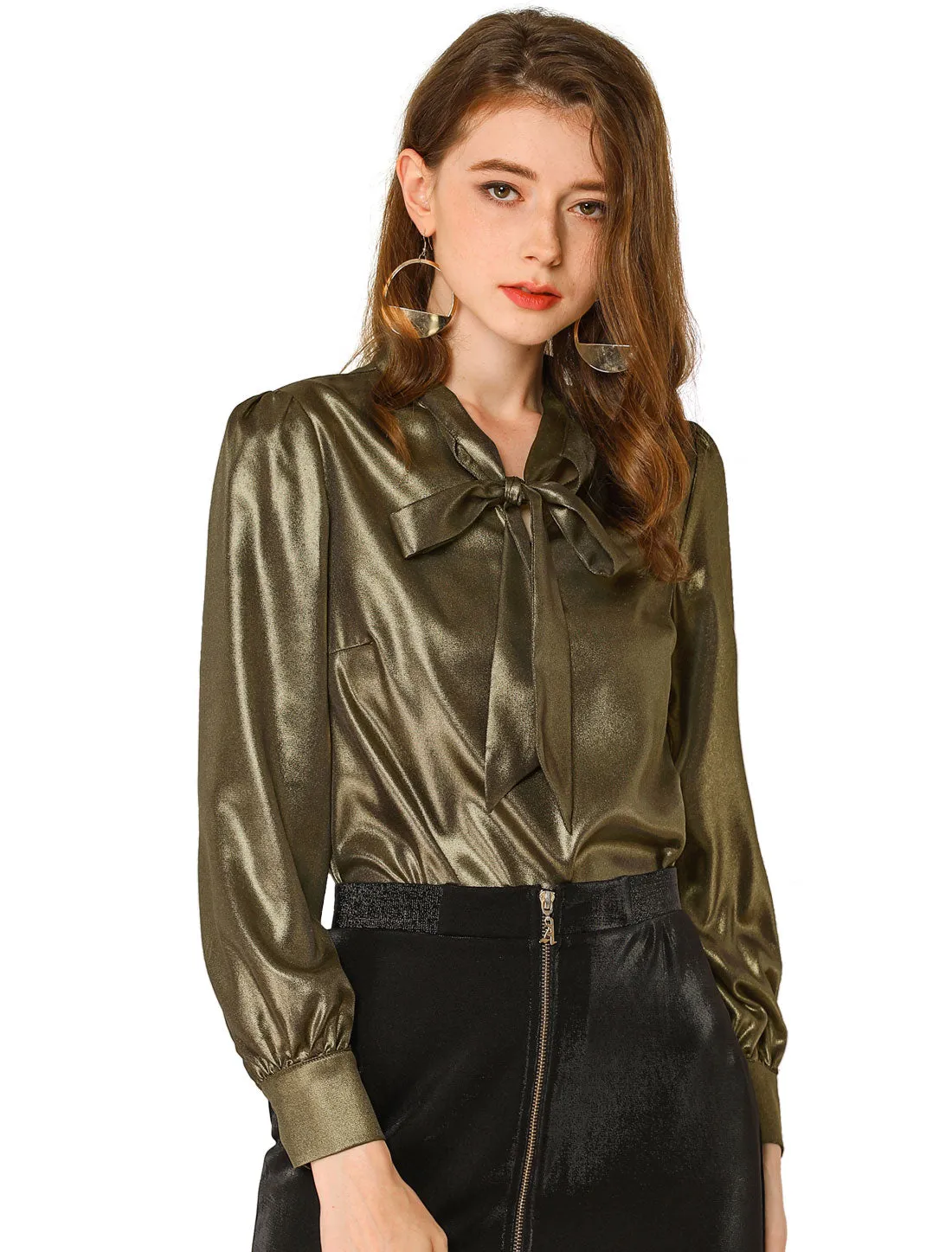 Sparkly Metallic Long Sleeve Glitter Tie Neck Blouse Top sold by Allegra K product image thumbnail 2