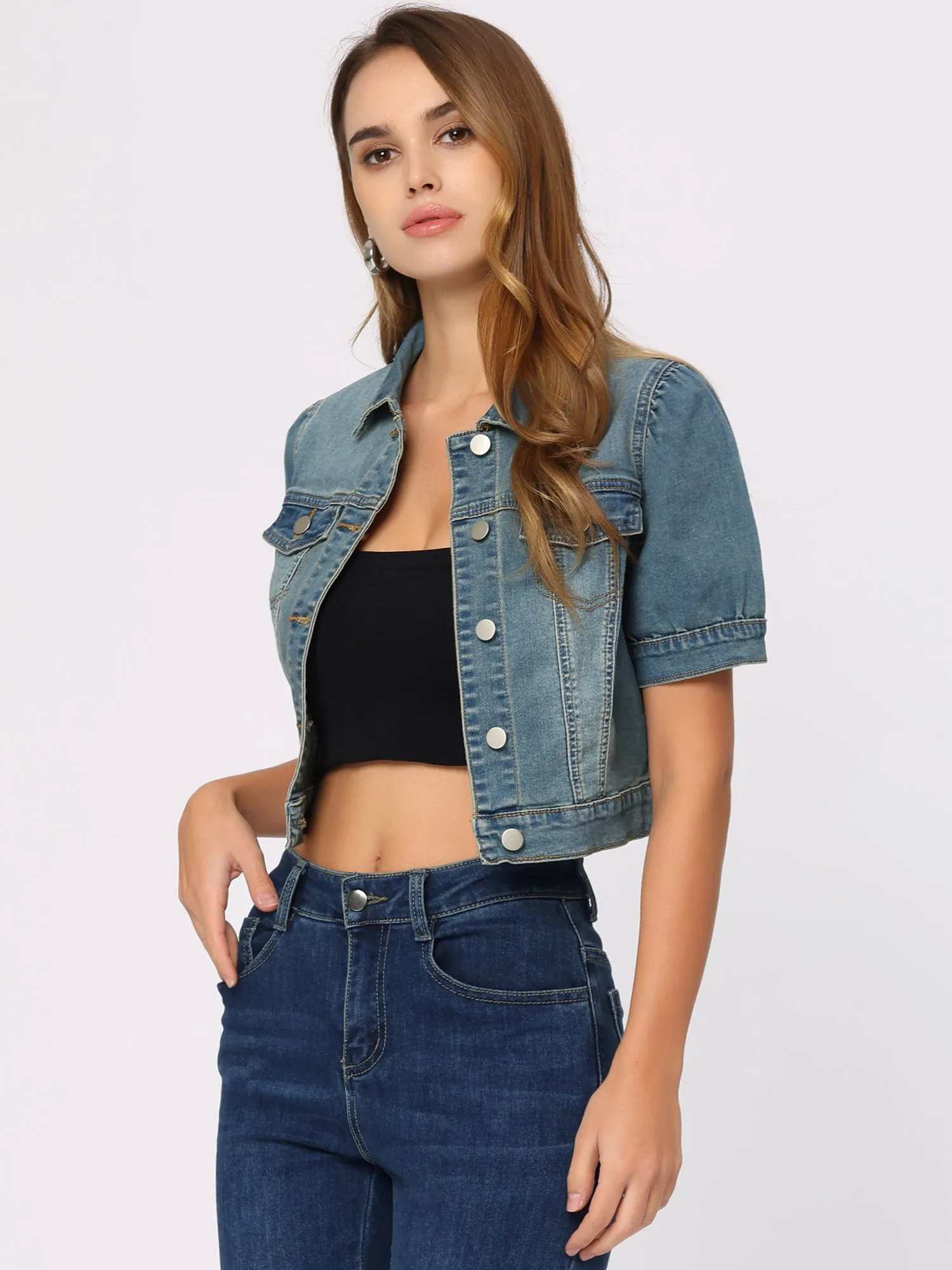 Casual Button-Down Puff Long Sleeve Crop Denim Jacket sold by Allegra K