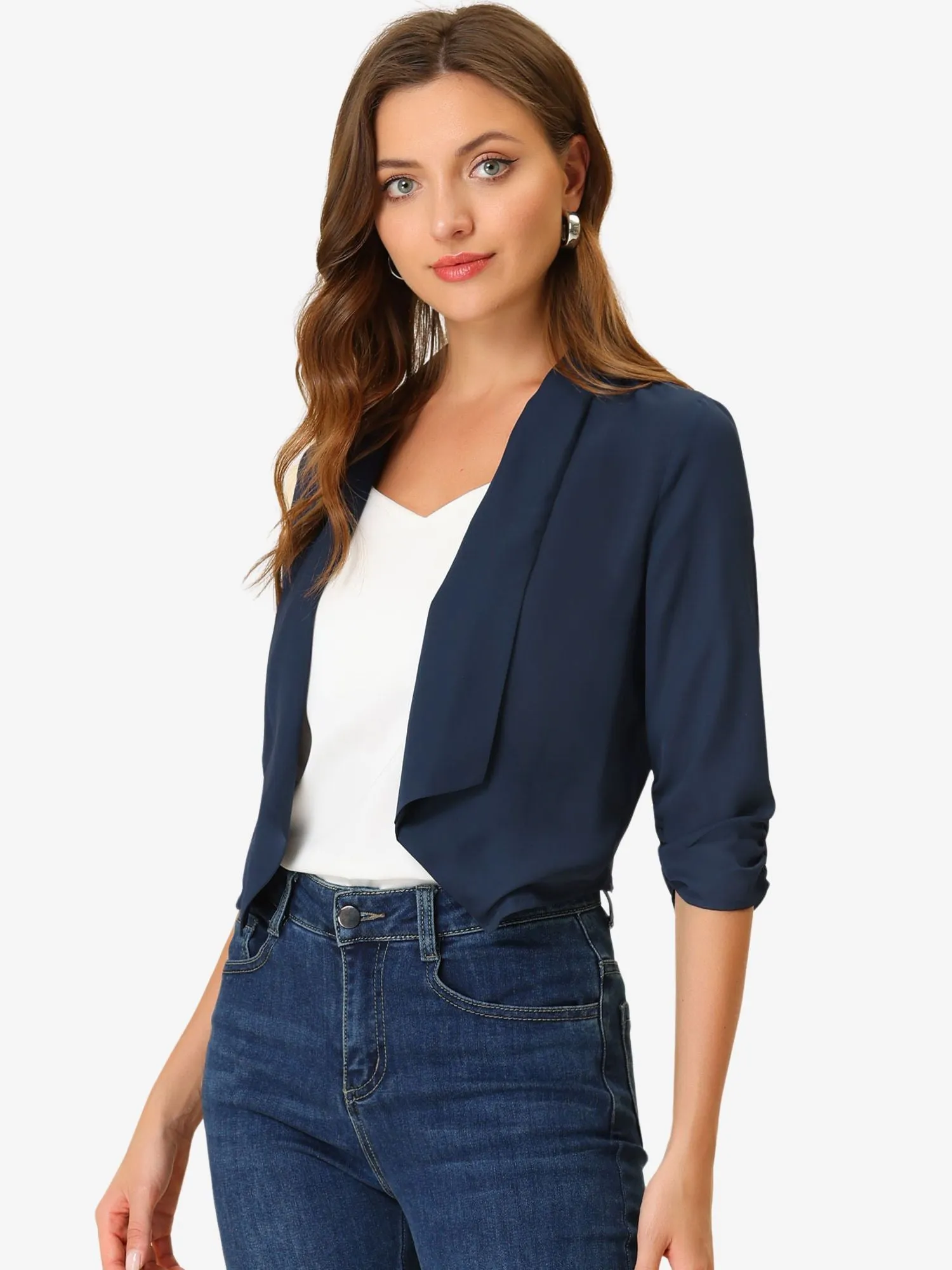 3/4 Ruched Sleeve Shawl Open Front Chiffon Bolero Shrug Blazer sold by Allegra K