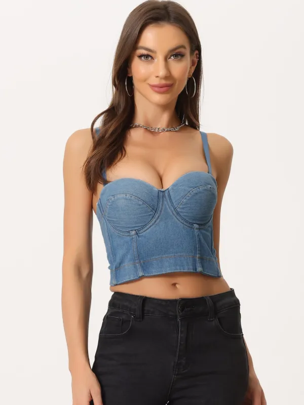 Denim Push Up Bustier Top Sleeveless Cami Jeans Crop Top sold by Allegra K