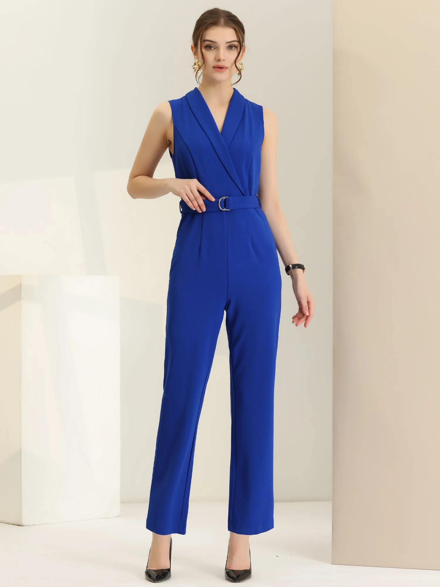 Elegant Office Work Sleeveless Belted Long Jumpsuit sold by Allegra K