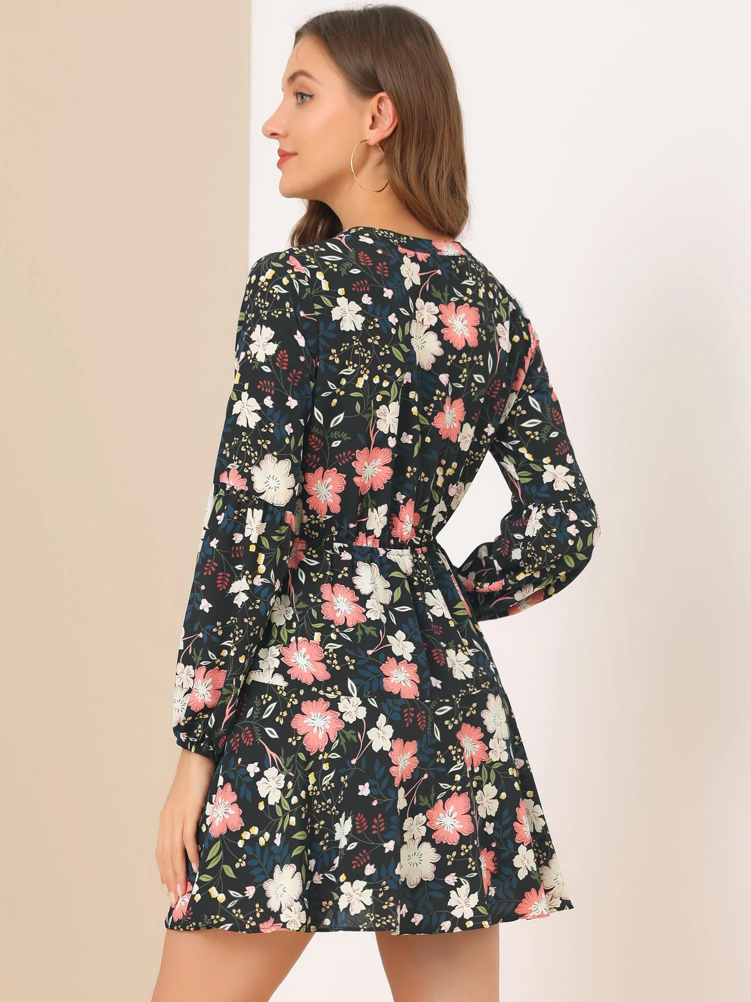 Button Front Tie Waist Vintage Long Sleeve Floral Dress sold by Allegra K product image thumbnail 5