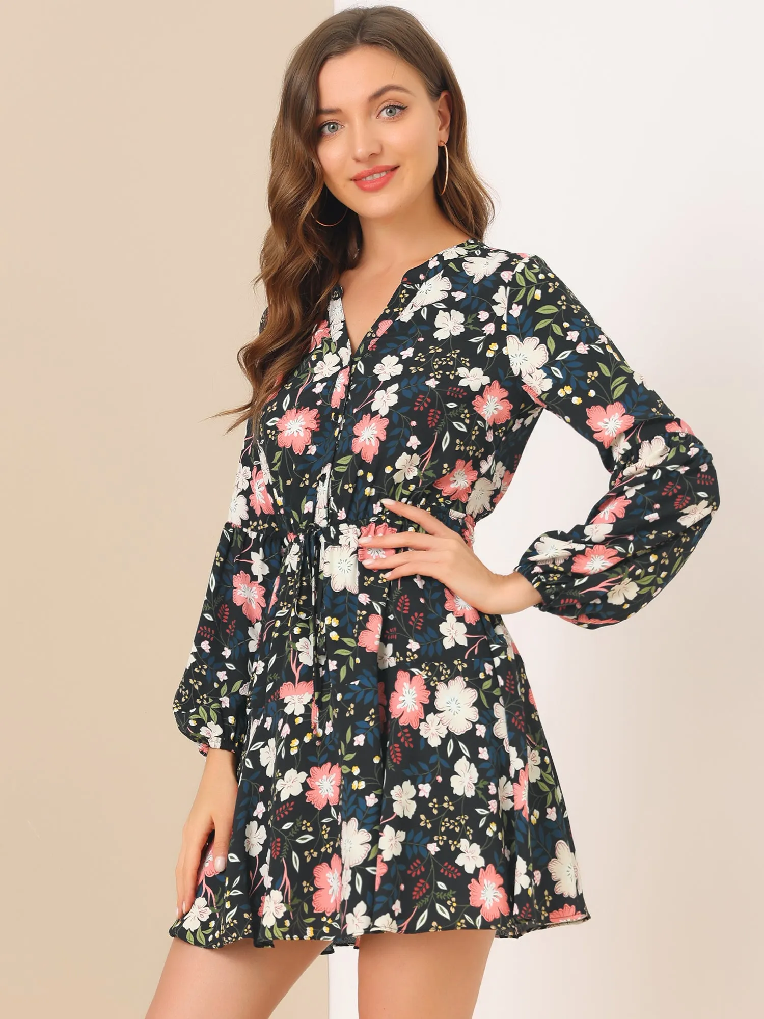 Button Front Tie Waist Vintage Long Sleeve Floral Dress sold by Allegra K product image thumbnail 4