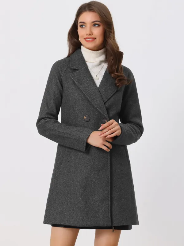 Notched Lapel Double Breasted Raglan Winter Coat sold by Allegra K