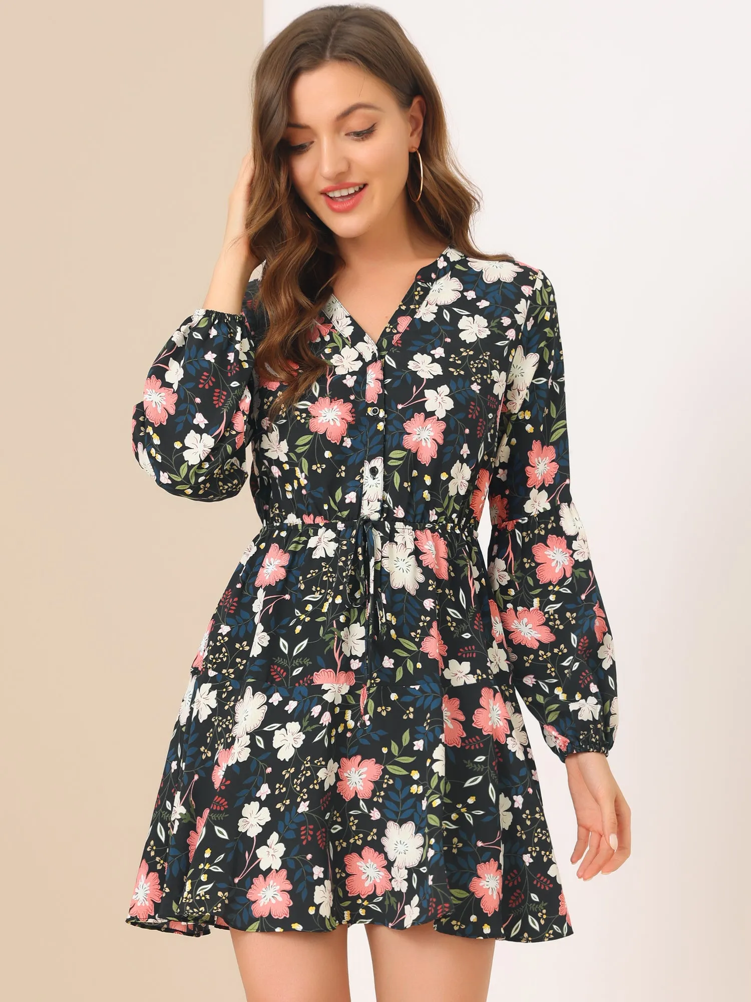 Button Front Tie Waist Vintage Long Sleeve Floral Dress sold by Allegra K product image thumbnail 3