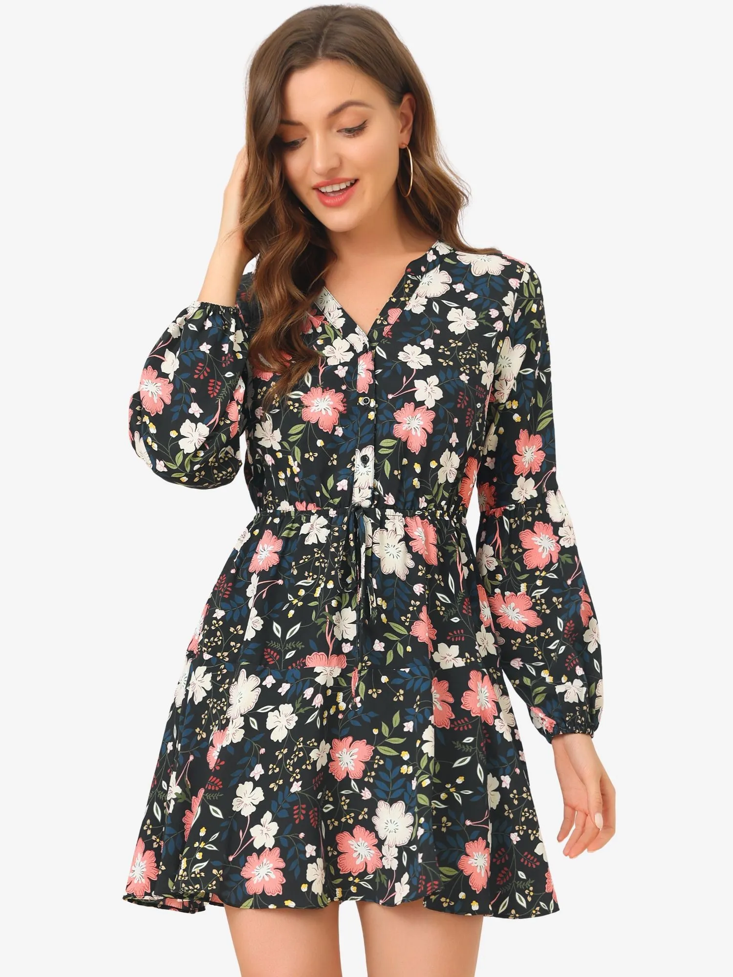 Button Front Tie Waist Vintage Long Sleeve Floral Dress sold by Allegra K