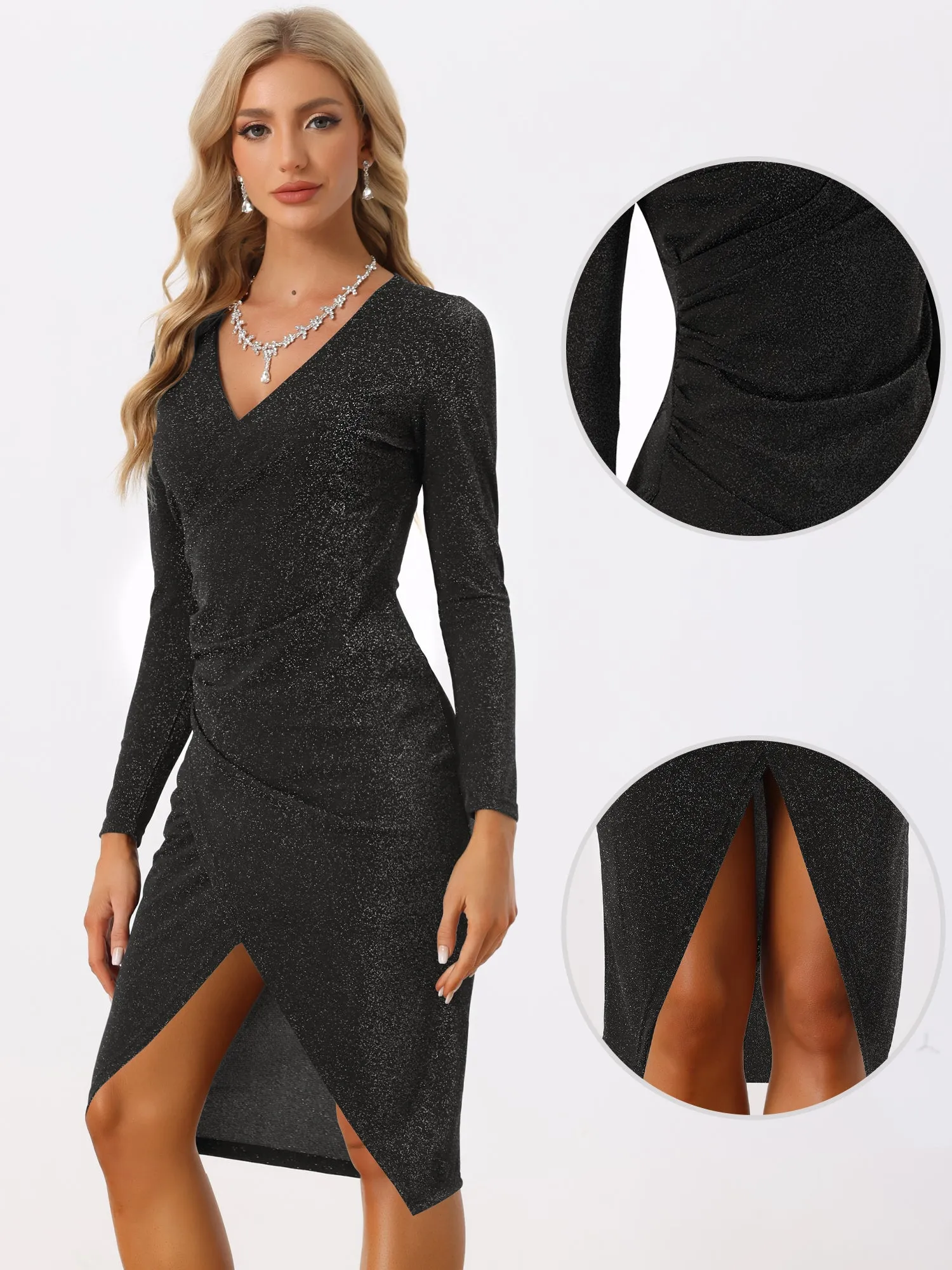 Glitter Deep V Sexy Ruched Wrap Mini Split Bodycon Party Dress sold by Allegra K product image thumbnail 2