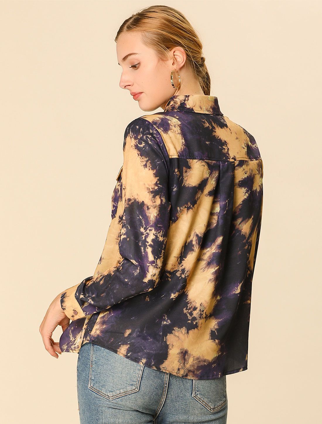 Casual Long Sleeve Pockets Point Collared Tie Dye Button Shirt sold by Allegra K product image thumbnail 3