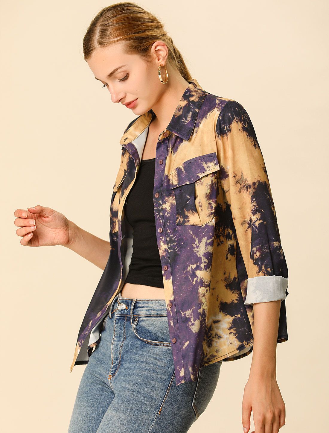 Casual Long Sleeve Pockets Point Collared Tie Dye Button Shirt sold by Allegra K product image thumbnail 2