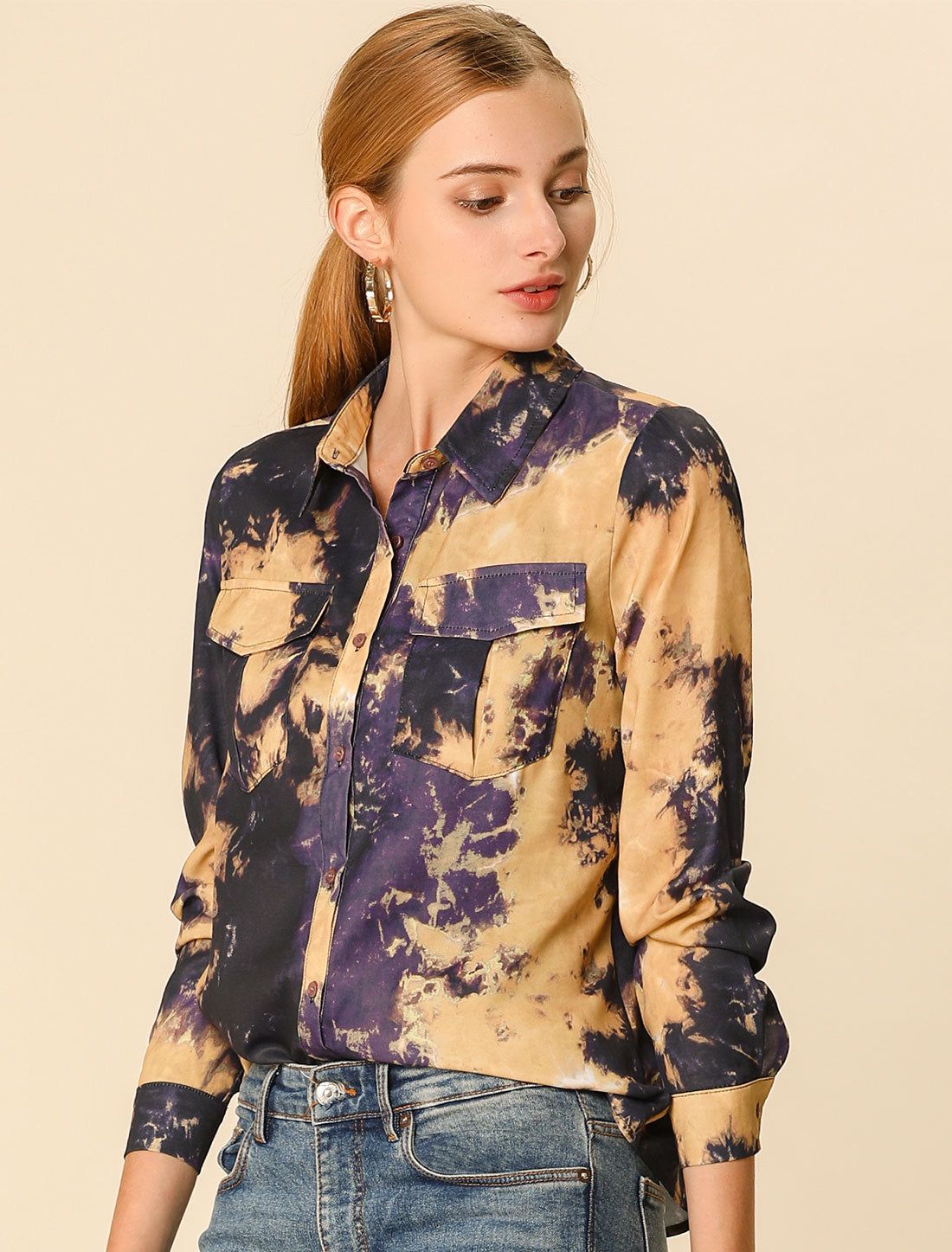 Casual Long Sleeve Pockets Point Collared Tie Dye Button Shirt sold by Allegra K