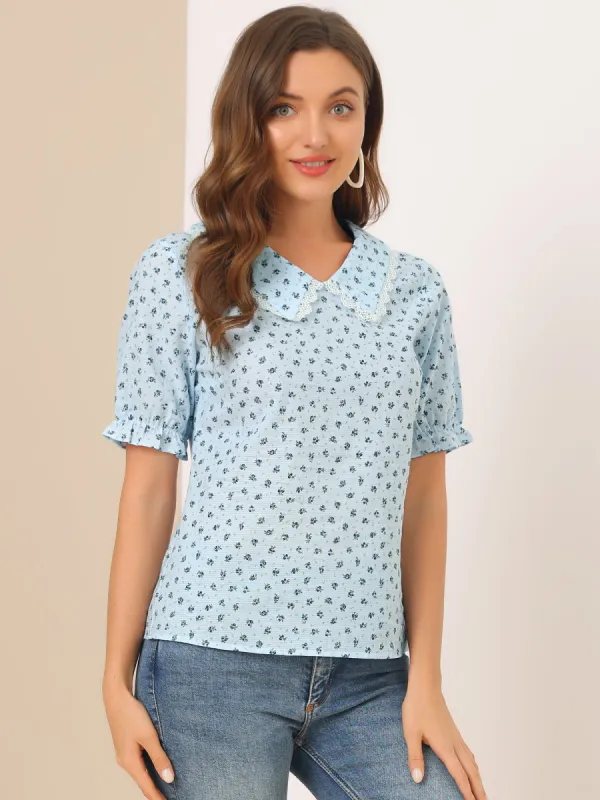 Peter Pan Collar Shirt Casual Ruffled Floral Top sold by Allegra K