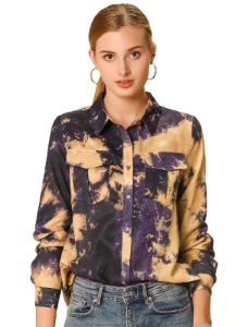 Casual Long Sleeve Pockets Point Collared Tie Dye Button Shirt sold by Allegra K