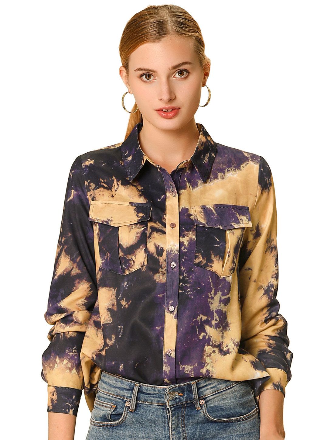 Casual Long Sleeve Pockets Point Collared Tie Dye Button Shirt sold by Allegra K product image thumbnail 4