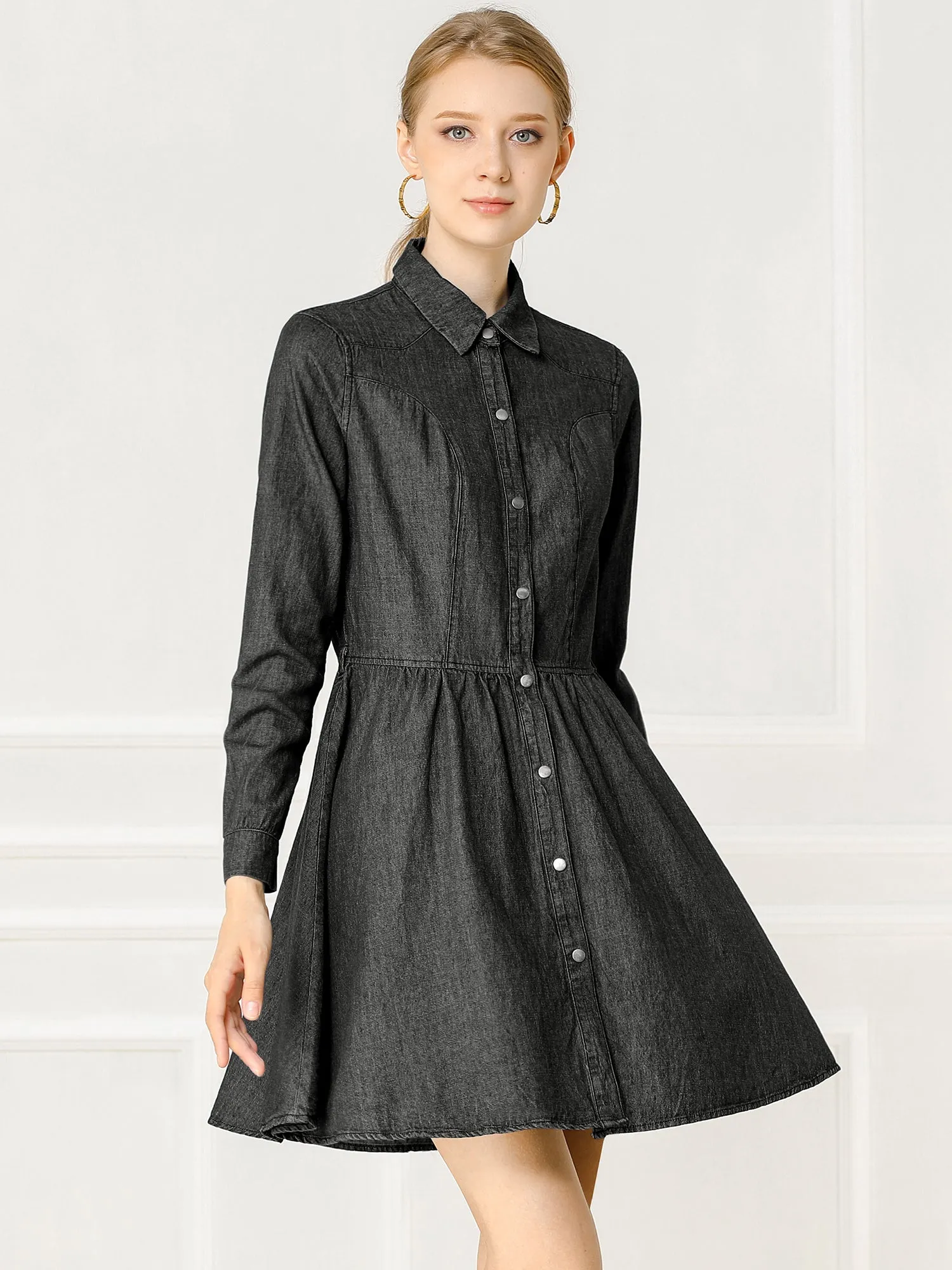 Denim Button Down Belted Pleated Flare A-line Shirt Dress sold by Allegra K