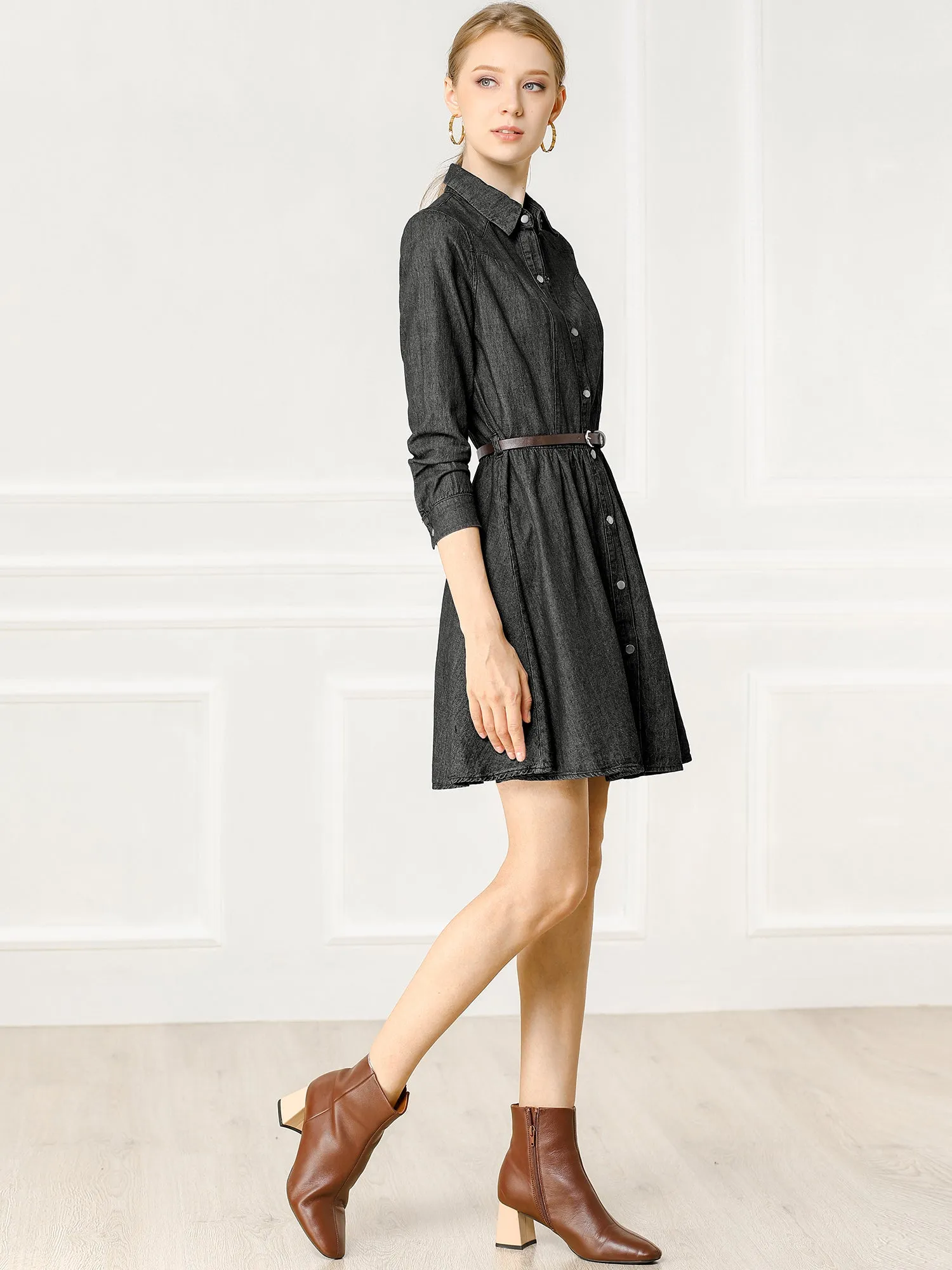 Denim Button Down Belted Pleated Flare A-line Shirt Dress sold by Allegra K product image thumbnail 3
