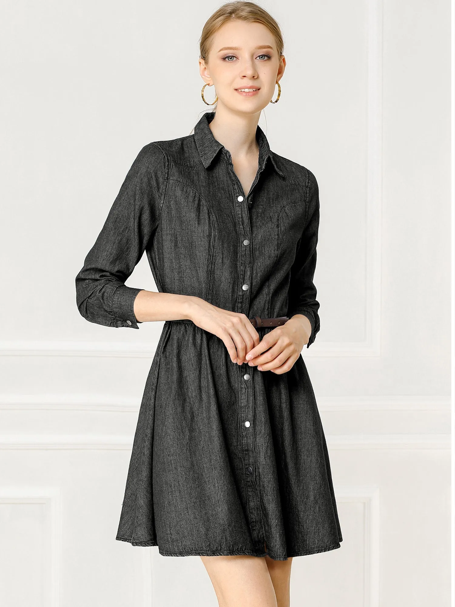 Denim Button Down Belted Pleated Flare A-line Shirt Dress sold by Allegra K product image thumbnail 2
