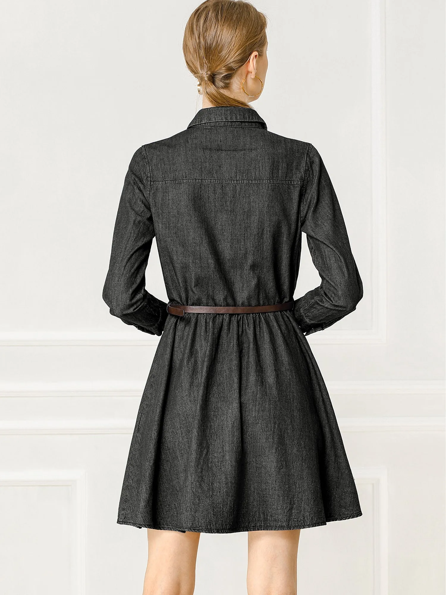 Denim Button Down Belted Pleated Flare A-line Shirt Dress sold by Allegra K product image thumbnail 4
